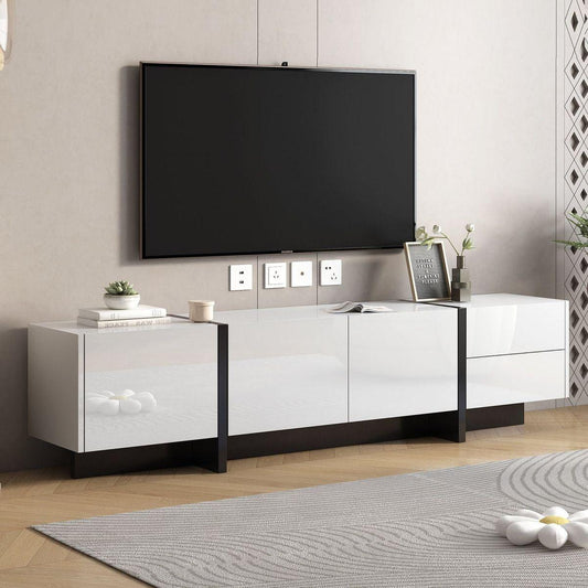 [VIDEO provided] White & Black Contemporary Rectangle Design TV Stand, Unique Style TV Console Table for TVs Up to 80", Modern TV Cabinet with High Gloss UV Surface for Living Room.