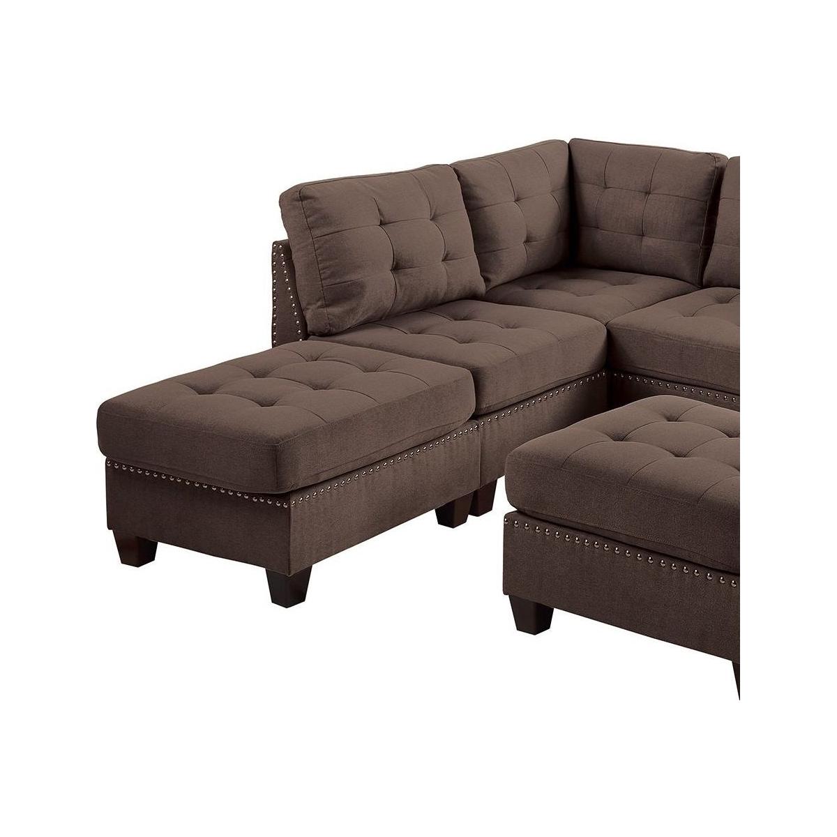 Contemporary Modular Sectional 7pc Set Living Room Furniture Corner L-Sectional Black Coffee Linen Like Fabric Tufted Nail heads 2x Corner Wedge 3x Armless Chair and 2x Ottoman