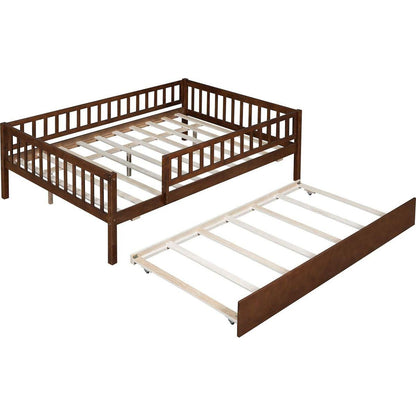Full Size Wood Daybed with Trundle and Fence Guardrails, Walnut
