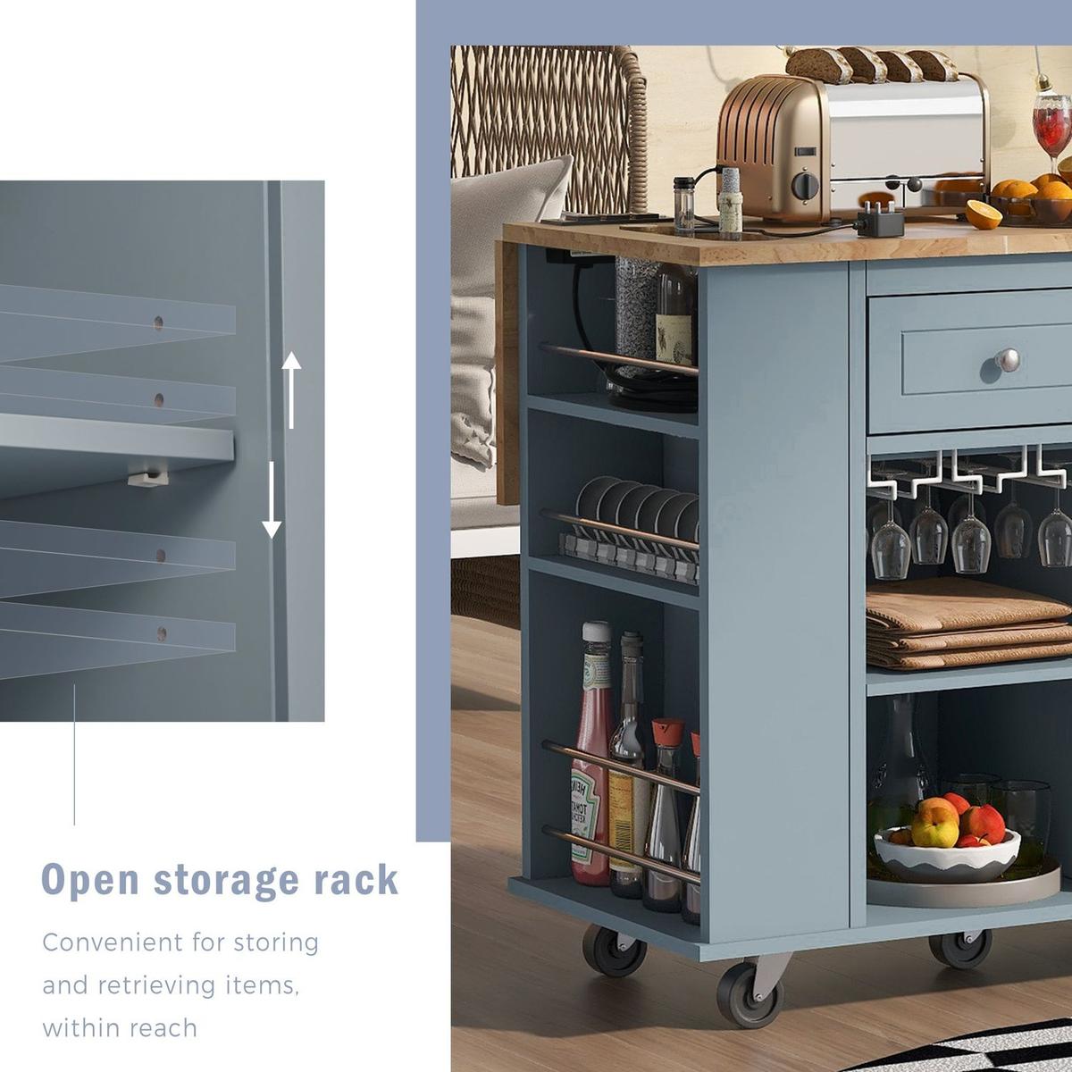 Kitchen Island with Power Outlet,Kitchen Storage Island with Drop Leaf and Rubber Wood,Open Storage and Wine Rack,5 Wheels,with Adjustable Storage for Home, Kitchen, and Dining Room, Grey Blue