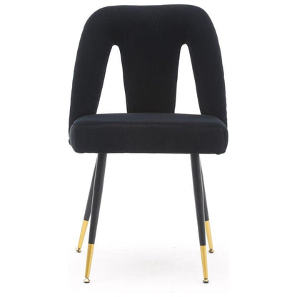 Akoya Collection Modern Contemporary Velvet Upholstered Dining Chair with Nailheads and Gold Tipped Black Metal Legs, Black, Set of 2