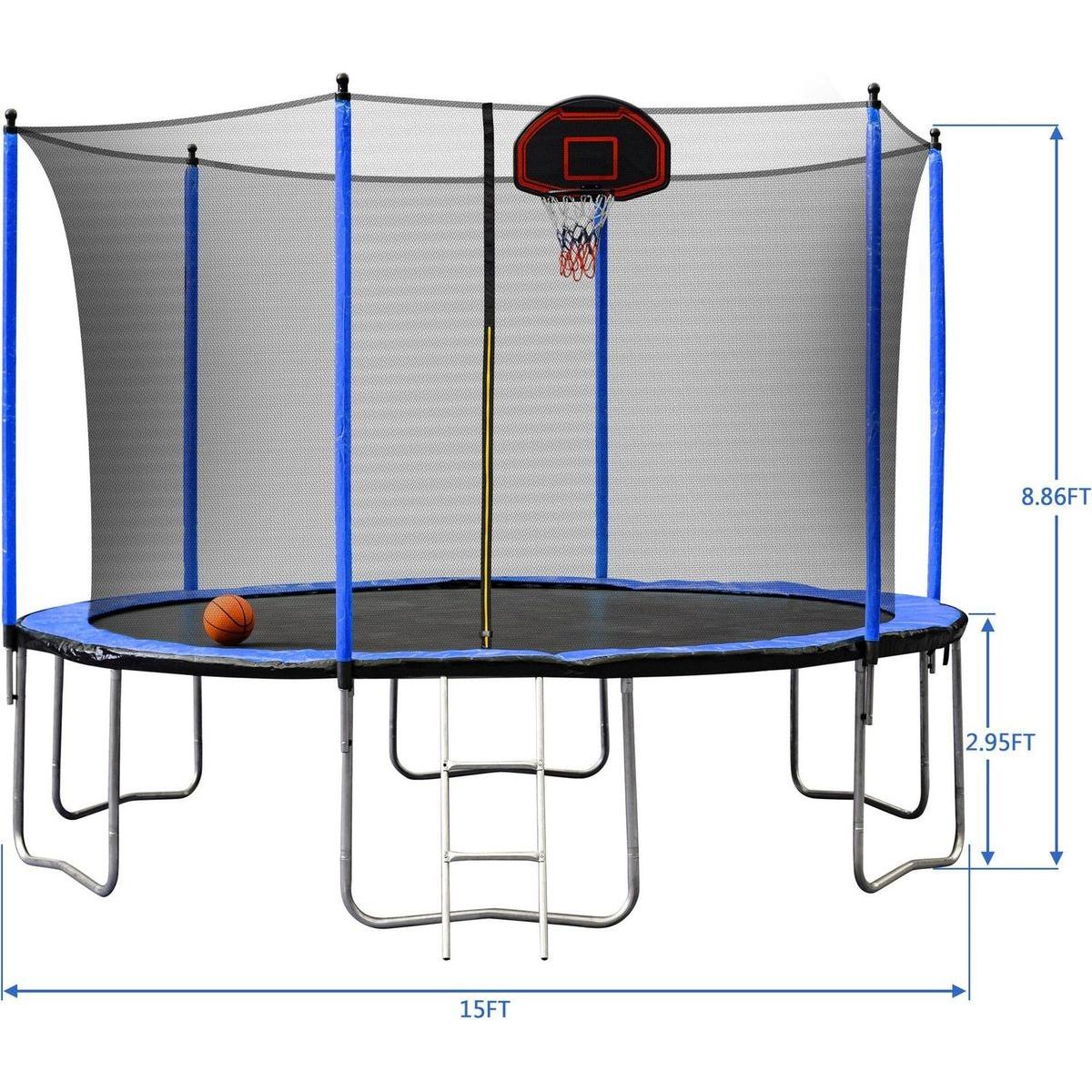 15FT Trampoline with Basketball Hoop Inflator and Ladder (Inner Safety Enclosure) Blue