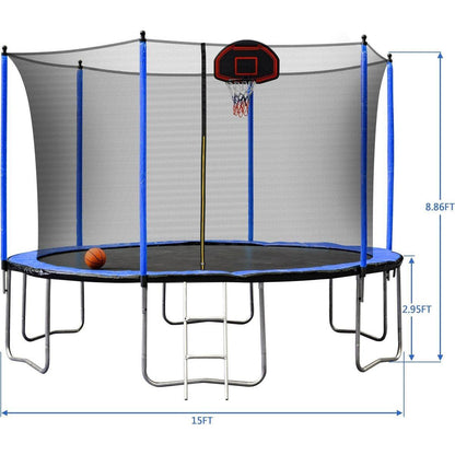 15FT Trampoline with Basketball Hoop Inflator and Ladder (Inner Safety Enclosure) Blue