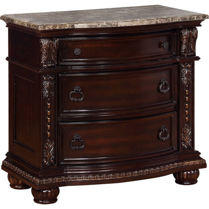 1Pc Traditional Style End Table 3-Drawer Nightstand with Marble Top Rich Brown Cherry Finish Solid Wood Wooden Bedroom