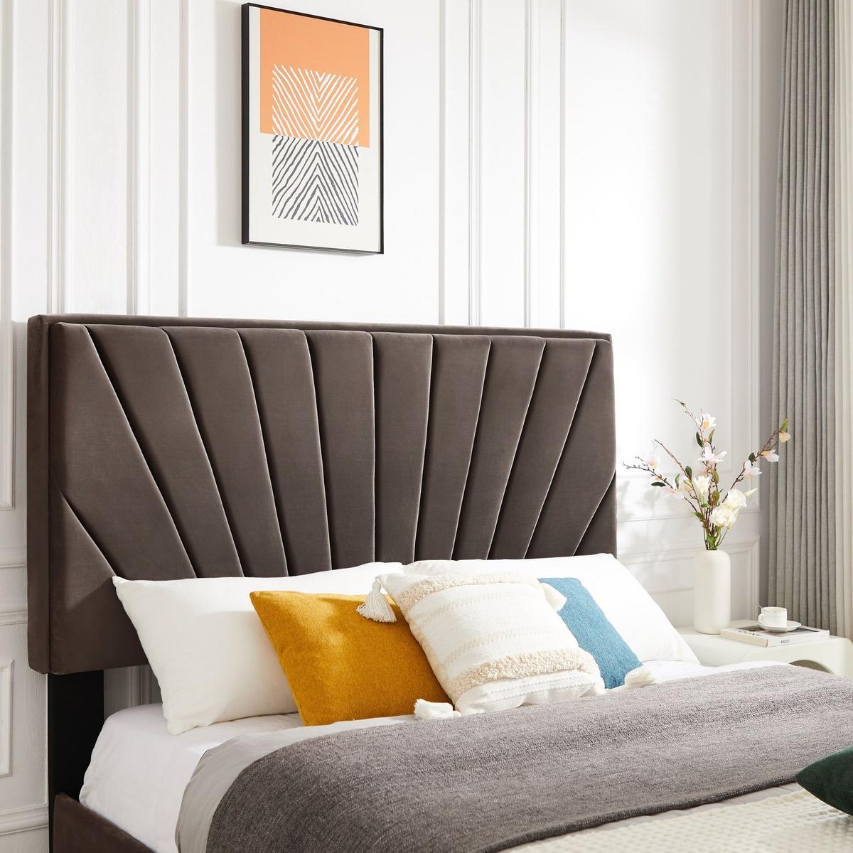 Full bed with one nightstand, Beautiful line stripe cushion headboard, strong wooden slats + metal legs with Electroplate