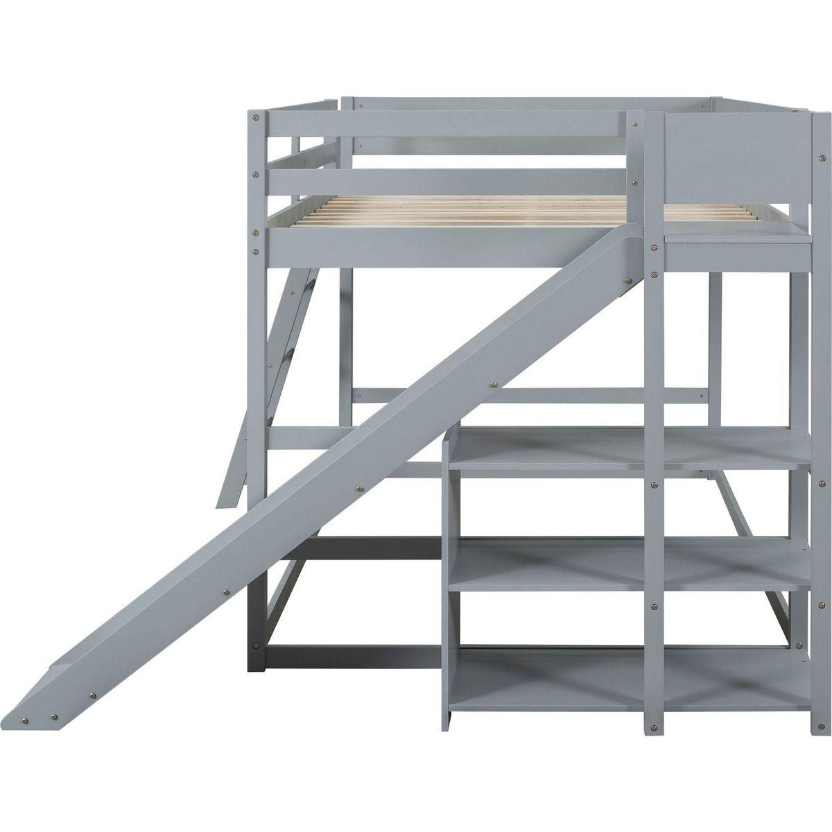 Full over Full Bunk Bed with Ladder, Slide and Shelves, Gray