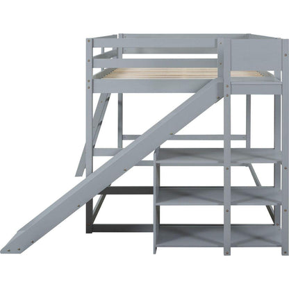 Full over Full Bunk Bed with Ladder, Slide and Shelves, Gray