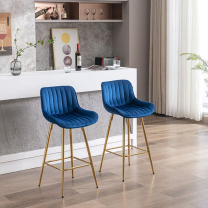26 Inch Set of 2 Bar Stools, with Steel Frame Footrest Velvet Fabric Golden Leg Simple Bar Stool, BLUE