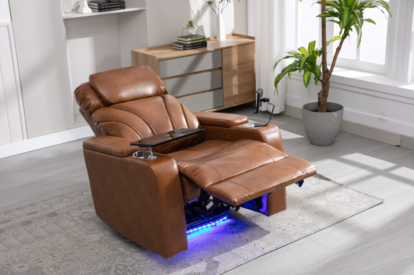 Power Motion Recliner with USB Charging Port and Hidden Arm Storage, Home Theater Seating with Convenient Cup Holder Design, and stereo(Light Brown)