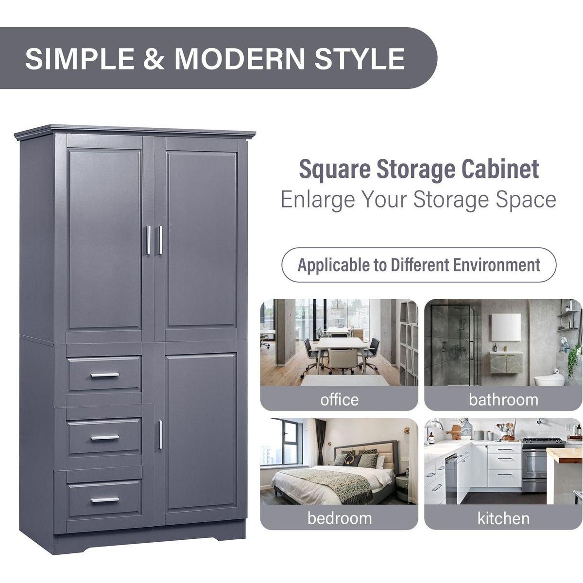 Tall and Wide Storage Cabinet with Doors for Bathroom/Office, Three Drawers, Grey