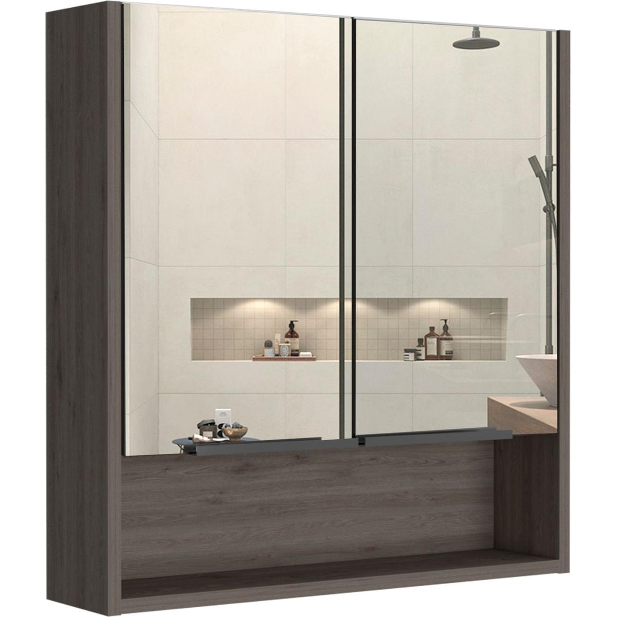 Jaspe Mirror Cabinet, Three Internal Shelves, One Open Shelf, Double Door Cabinet -Light Gray