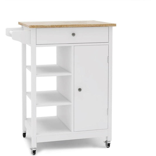 Kitchen island rolling trolley cart with towel rack rubber wood table top - Streamdale Furniture