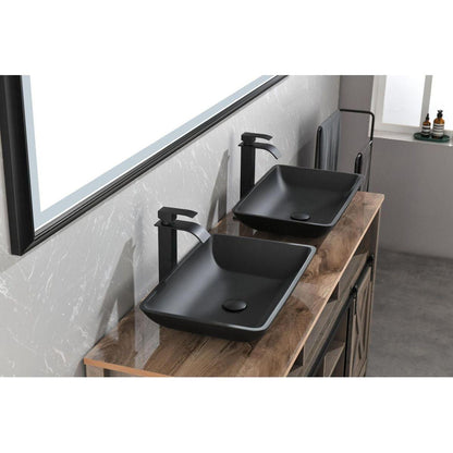 14.38" L -22.25" W -4-3/8 in. H Matte Shell Glass Rectangular Vessel Bathroom Sink in Black with Faucet and Pop-Up Drain in Matte Black