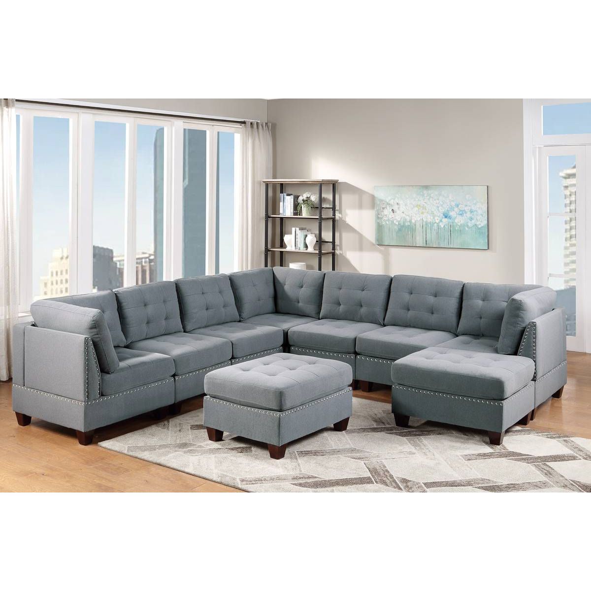 Modular Sectional 9pc Set Living Room Furniture Corner Sectional Tufted Nail heads Couch Gray Linen Like Fabric 3x Corner Wedge 4x Armless Chairs and 2x Ottomans