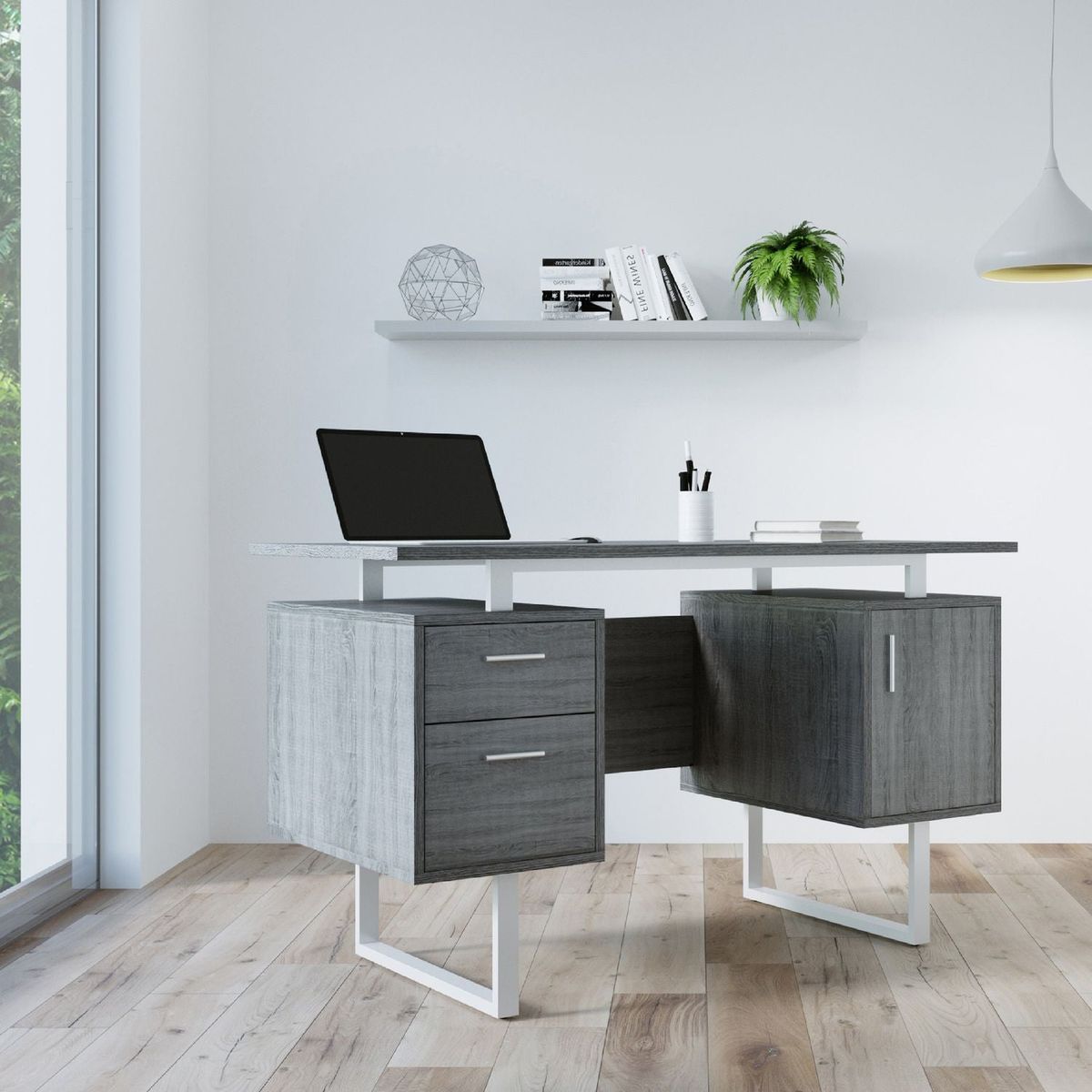 Modern Office Desk with Storage, Grey