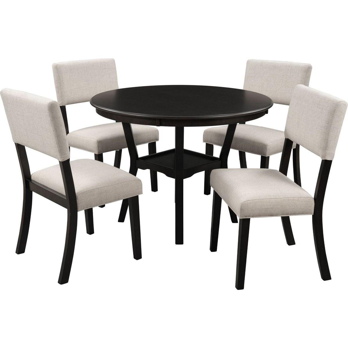 5-Piece Kitchen Dining Table Set Round Table with Bottom Shelf, 4 Upholstered Chairs for Dining Room (Espresso)