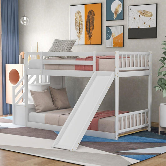 Twin over Twin Bunk Bed with Convertible Slide and Stairway, White - Streamdale Furniture