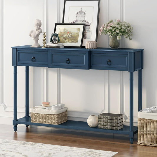 Console Table Sofa Table with Drawers for Entryway with Projecting Drawers and Long Shelf (Antique Navy