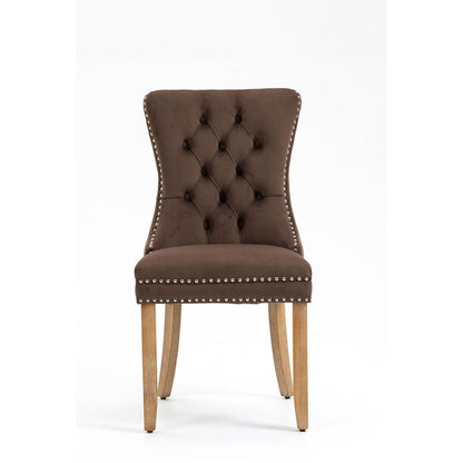 Upholstered Button Tufted Back Brown Velvet Dining Chair with Nailhead Trim and Brushed Solid Wood Legs 2 Sets