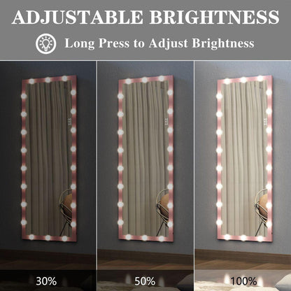 Hollywood Full Length Mirror with Lights Full Body Vanity Mirror with 3 Color Modes Wall Lighted Standing Floor Mirror for Dressing Room Bedroom Hotel Touch Control Pink 62.6"x23.3" - Streamdale Furniture