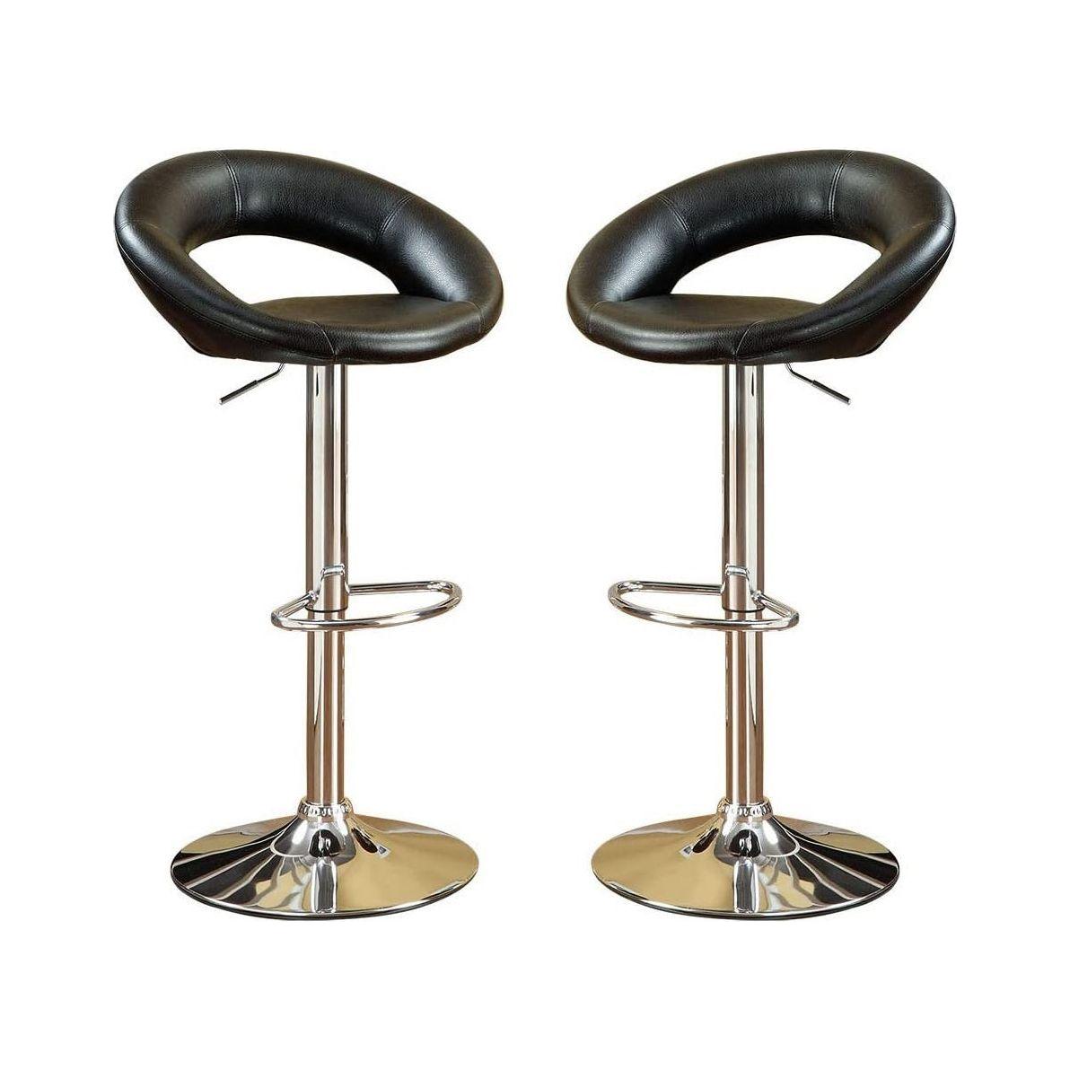 Black Faux Leather Stool Adjustable Height Chairs Set of 2 Chair Swivel Design Chrome Base PVC Dining Furniture