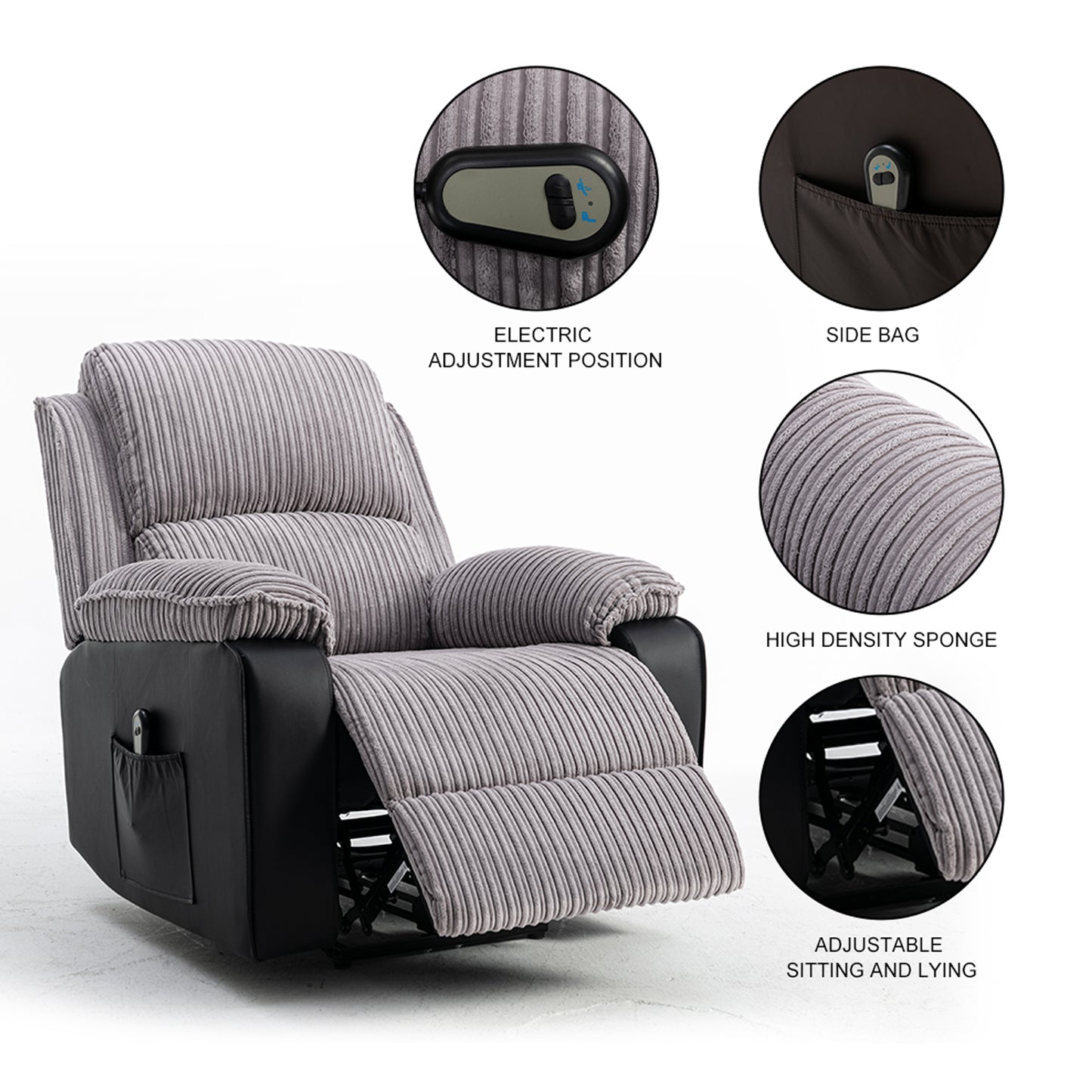 Grey Fabric Recliner Chair Theater Single Recliner Thick Seat and Backrest, suitable for living room, side bags Electric sofa chair, electric remote control.The angle can adjust freely