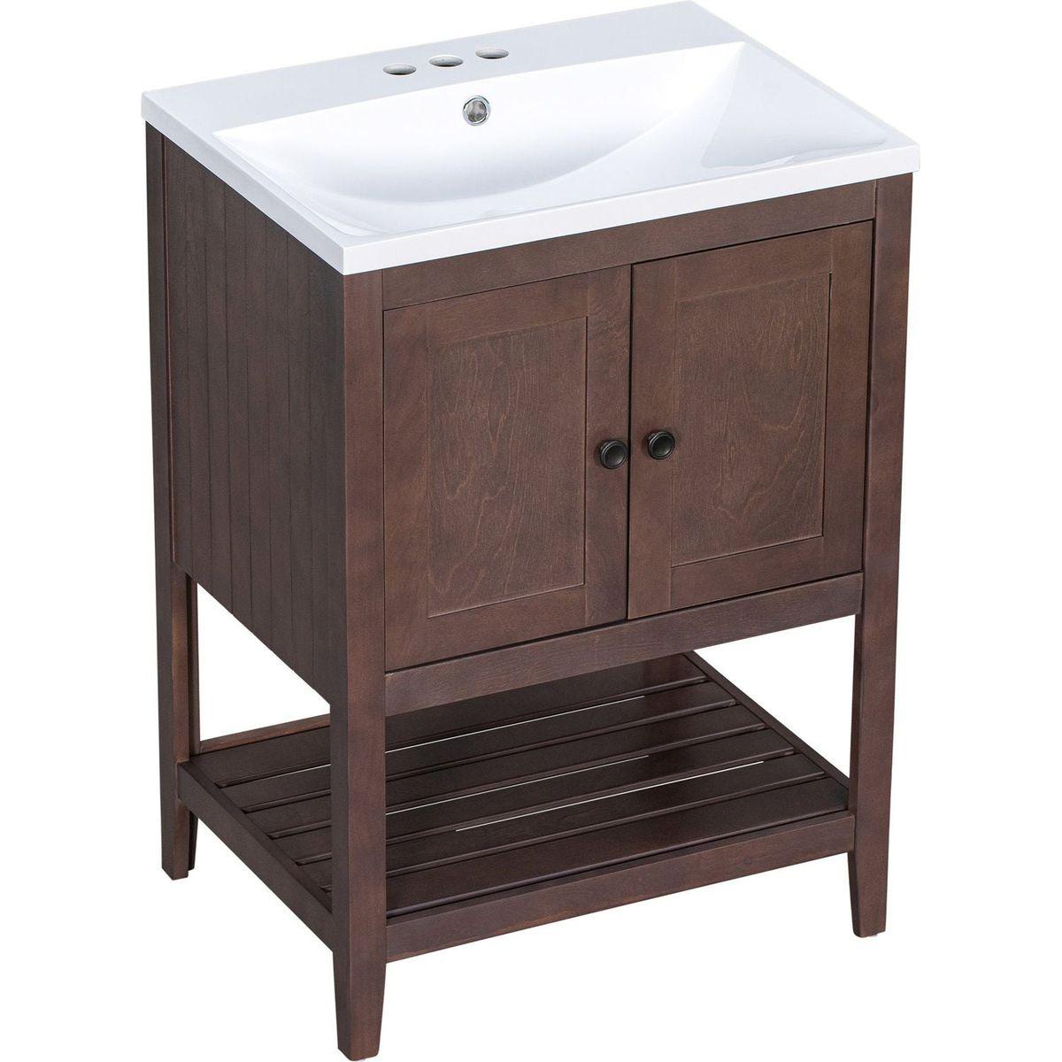 24" Brown Modern Sleek Bathroom Vanity Elegant Ceramic Sink with Solid Wood Frame Open Style Shelf