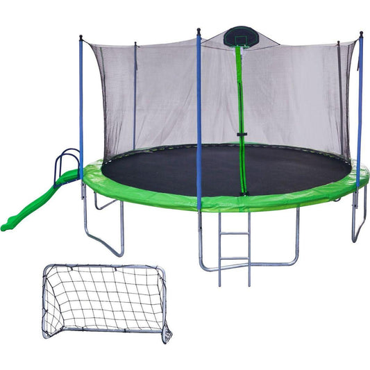 16FT Trampoline with Slide, Outdoor Trampoline for Kids and Adults with Enclosure Net and Ladder,football goal,backboard