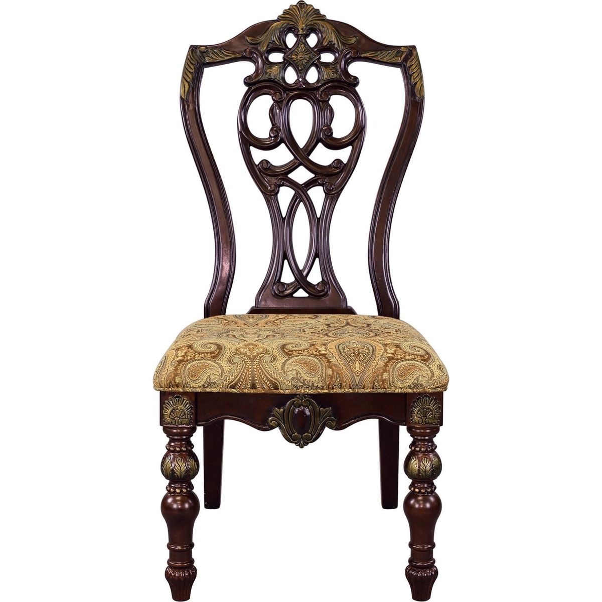 Formal Traditional Dining Chairs 2pc Set Dark Cherry Finish with Gold Tipping Jacquard Fabric Upholstered Extravagant Carving Dining Room Furniture