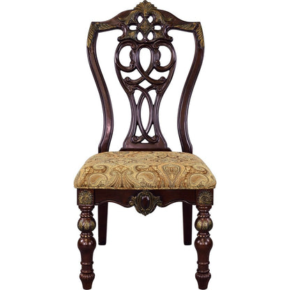 Formal Traditional Dining Chairs 2pc Set Dark Cherry Finish with Gold Tipping Jacquard Fabric Upholstered Extravagant Carving Dining Room Furniture