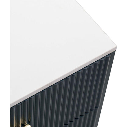 Modern Sideboard MDF Buffet Cabinet Marble Sticker Tabletop and Amber-yellow Tempered Glass Doors with Gold Metal Legs & Handles (Navy Blue)