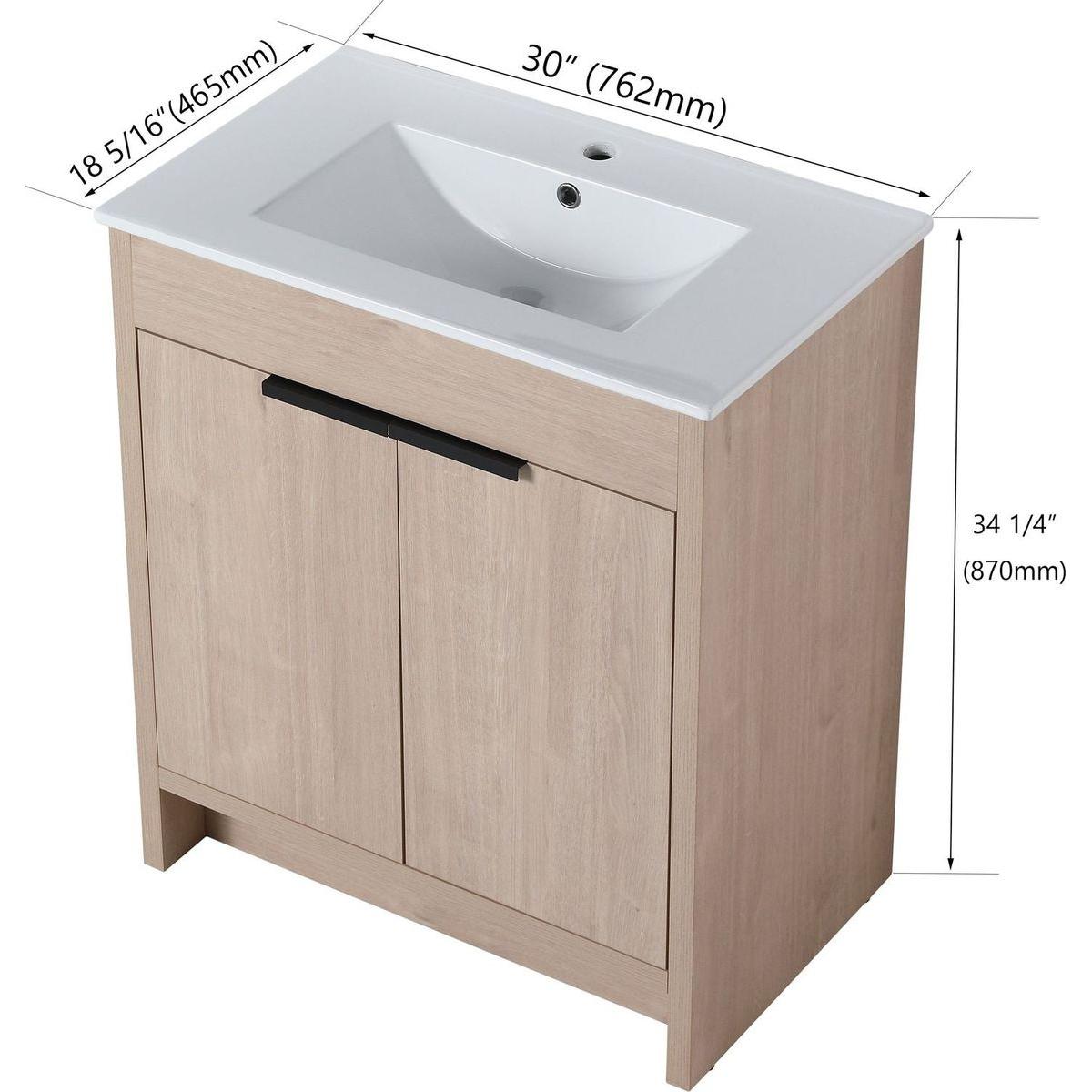 30 Inch Freestanding Bathroom Vanity with White Ceramic Sink & 2 Soft-Close Cabinet Doors