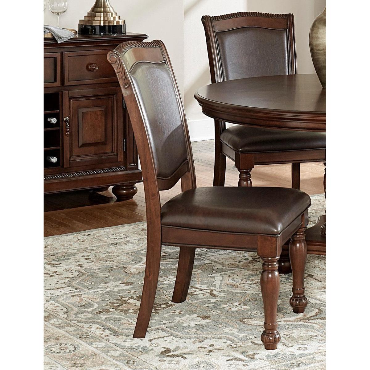 Traditional Dining Wooden Side Chairs Set of 2 Brown Cherry Finish Faux Leather Upholstery Home Furniture