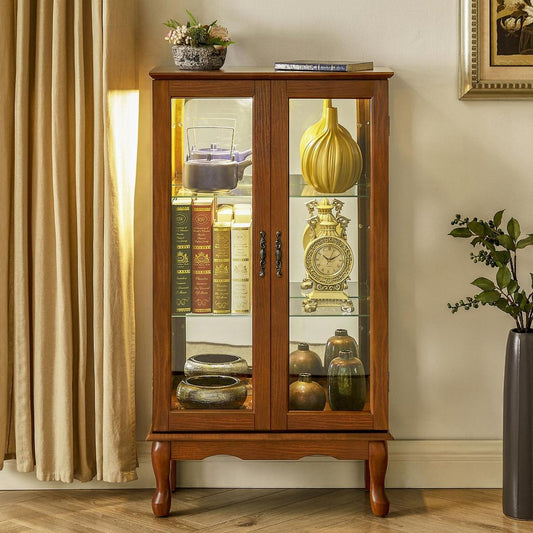 Curio Cabinet Lighted Curio Diapaly Cabinet with Adjustable Shelves and Mirrored Back Panel, Tempered Glass Doors (Oak, 3 Tier), (E26 light bulb not included) - Streamdale Furniture