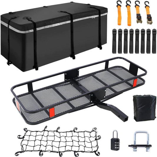 Hitch Mount Cargo Carrier Basket 60" X 21" X 6"+Waterproof Cargo Bag 16 Cubic Feet(56" 20" 20"),Hauling Weight Capacity of 500 Lbs and A Folding Arm.with Hitch Stabilizer,Net and Straps