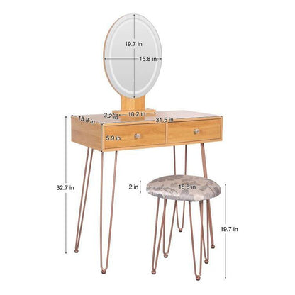 Dressing Table White Vanity Set with 3-Color Dimmable Lighted Mirror Makeup Desk with 2 Drawers and Yellow Padded Stool