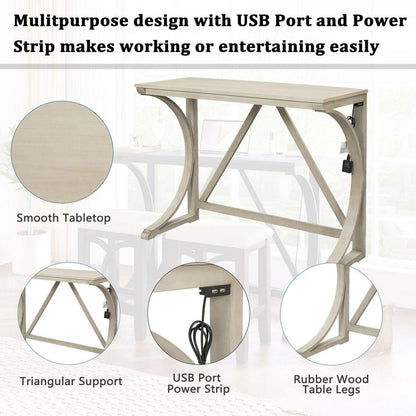 Farmhouse 3-Piece Counter Height Dining Table Set with USB Port and Upholstered Stools, Cream