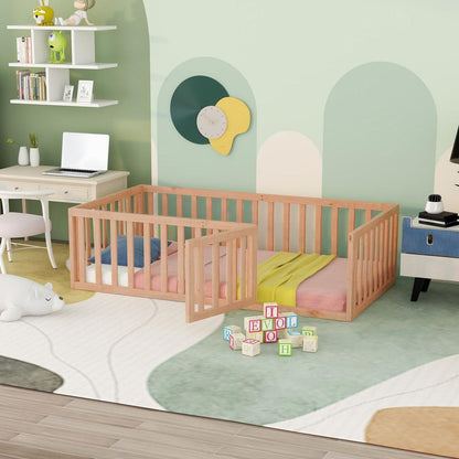 Twin Size Wood Floor Bed Frame with Fence and Door, Natural - Streamdale Furniture