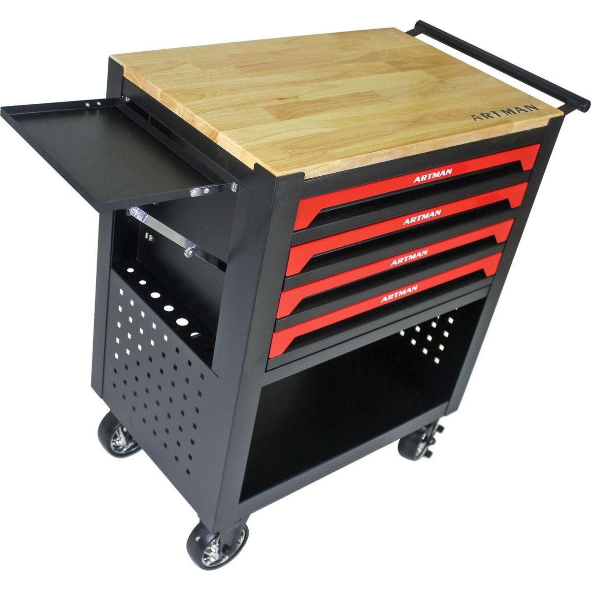 4 DRAWERS MULTIFUNCTIONAL TOOL CART WITH TOOL SET AND WOODEN TOP