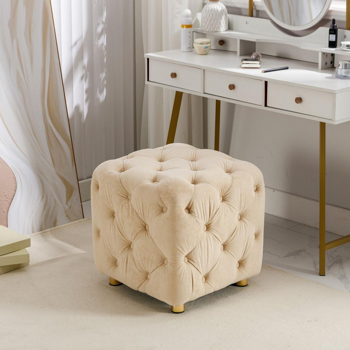 Beige Modern Velvet Upholstered Ottoman, Exquisite Small End Table, Soft Foot Stool, Dressing Makeup Chair, Comfortable Seat for Living Room, Bedroom, Entrance