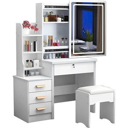 Fashion Vanity Desk with Mirror and Lights for Makeup and Chair, Vanity Mirror with Lights and Table Set with 3 Color Lighting Brightness Adjustable, 4 Drawers, White Color