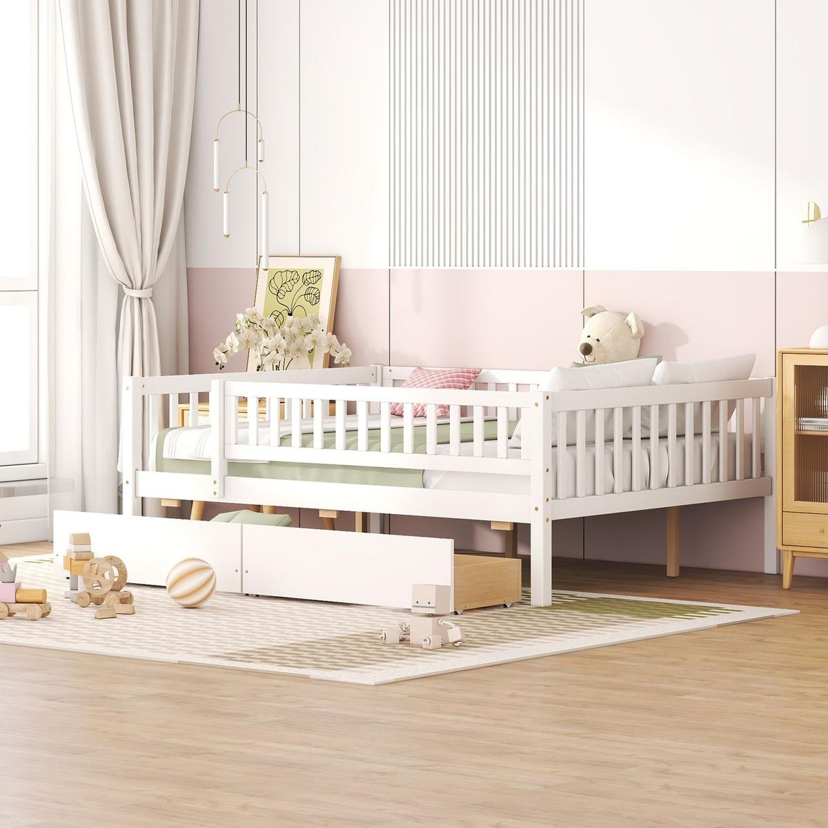 Full Size Daybed Wood Bed with Two Drawers, White - Streamdale Furniture