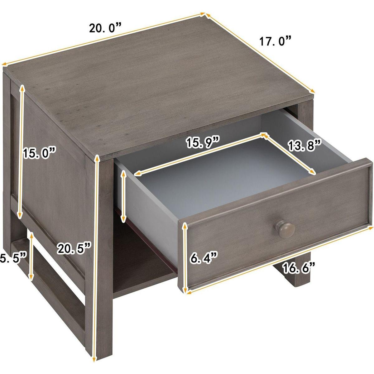 Wooden Nightstand with a Drawer and an Open Storage, End Table for Bedroom, Anitque Gray