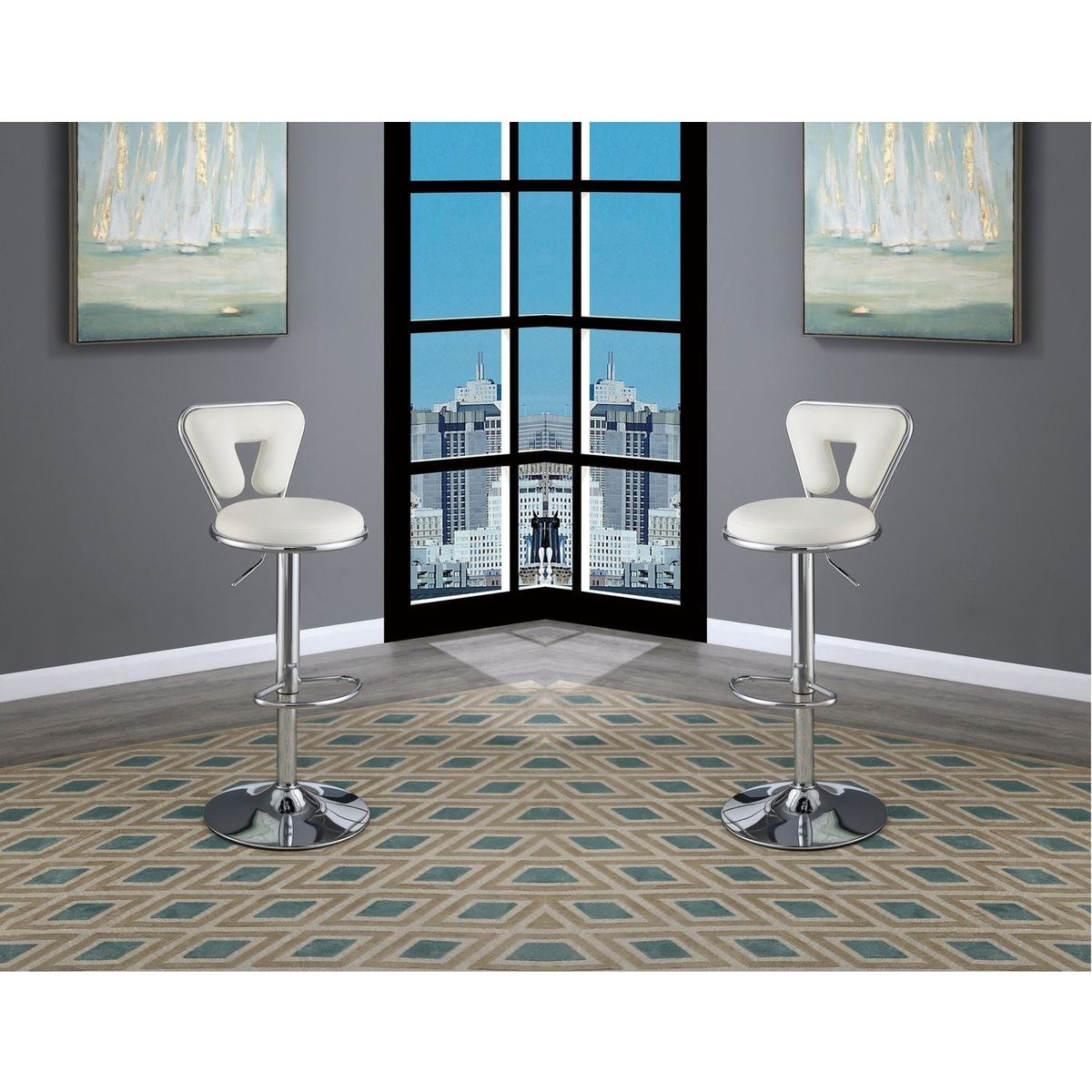 Adjustable Bar stool Gas lift Chair White Faux Leather Chrome Base metal frame Modern Stylish Set of 2 Chairs