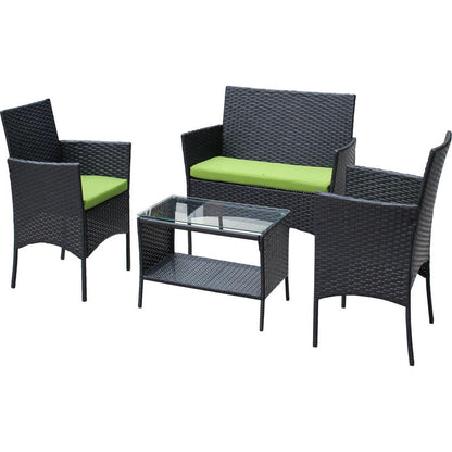 4 PC Rattan Patio Furniture Set Outdoor Patio Cushioned Seat Wicker Sofa (green Cushion)