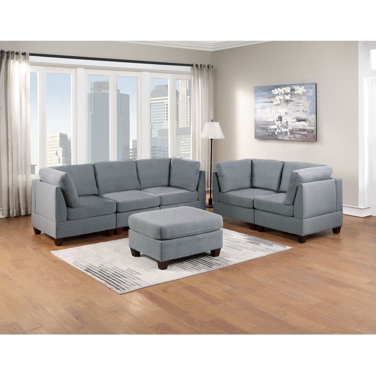 Modular Sofa Set 6pc Set Living Room Furniture Sofa Loveseat Couch Grey Linen Like Fabric 4x Corner Wedge 1x Armless Chair and 1x Ottoman