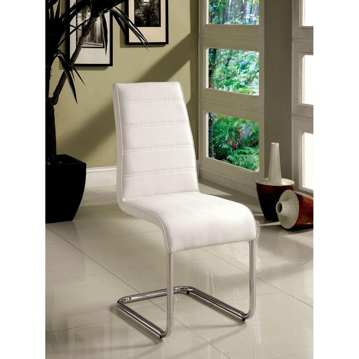 Contemporary White Padded Leatherette 2pc Side Chairs Set of 2 Chairs Kitchen Dining Room Metal Chrome Legs