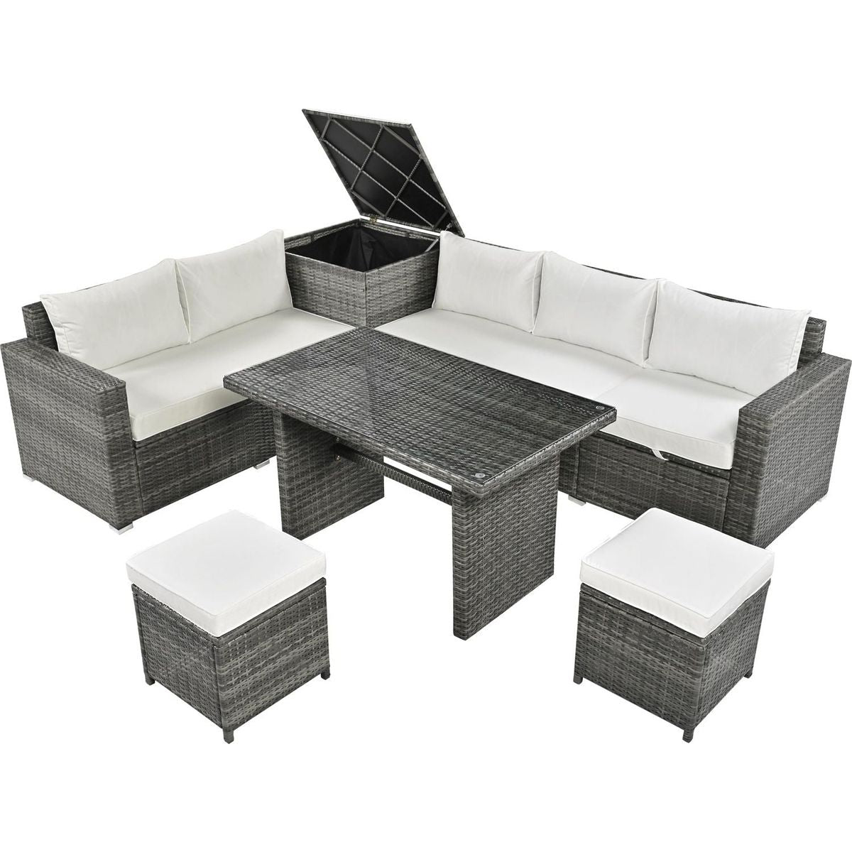 Outdoor 6-Piece All Weather PE Rattan Sofa Set, Garden Patio Wicker Sectional Furniture Set with Adjustable Seat, Storage Box, Removable Covers and Tempered Glass Top Table, Beige