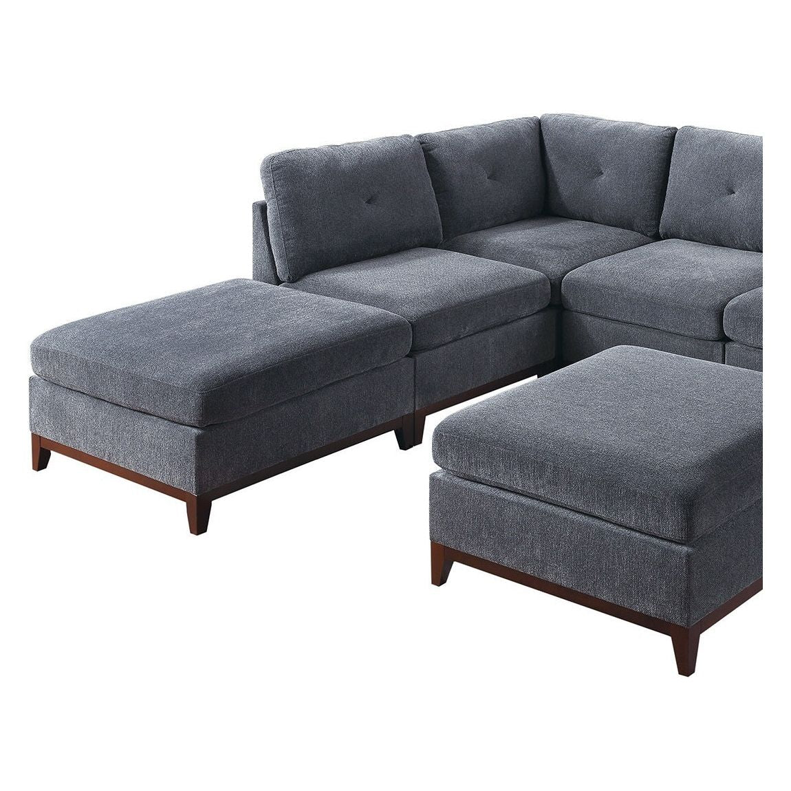 Ash Grey Chenille Fabric Modular Sectional 7pc Set Living Room Furniture U-Sectional Couch 2x Corner Wedge 3x Armless Chairs and 2x Ottomans Tufted Back Exposed Wooden Base