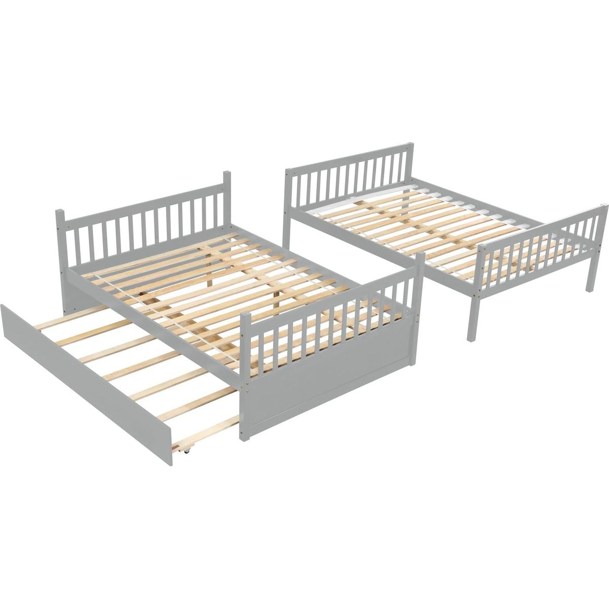 Full Over Full Bunk Bed with Trundle, Convertible to 2 Full Size Platform Bed, Full Size Bunk Bed with Ladder and Safety Rails for Kids, Teens, Adults,Grey